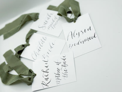 Ribbon Calligraphy Wedding Dress Hanger Sign | A7 Calligraphy Wedding Reserved Sign Card | Gold or Silver Eyelet