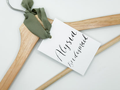 Ribbon Calligraphy Wedding Dress Hanger Sign | A7 Calligraphy Wedding Reserved Sign Card | Gold or Silver Eyelet