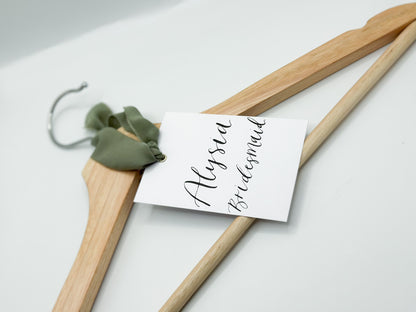 Ribbon Calligraphy Wedding Dress Hanger Sign | A7 Calligraphy Wedding Reserved Sign Card | Gold or Silver Eyelet