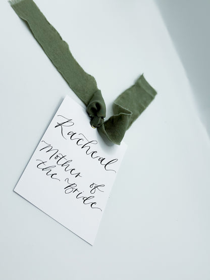 Ribbon Calligraphy Wedding Dress Hanger Sign | A7 Calligraphy Wedding Reserved Sign Card | Gold or Silver Eyelet