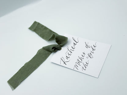 Ribbon Calligraphy Wedding Dress Hanger Sign | A7 Calligraphy Wedding Reserved Sign Card | Gold or Silver Eyelet