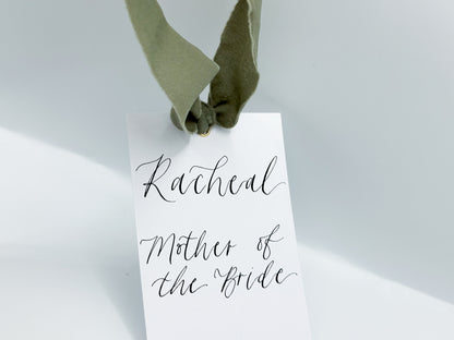 Ribbon Calligraphy Wedding Dress Hanger Sign | A7 Calligraphy Wedding Reserved Sign Card | Gold or Silver Eyelet