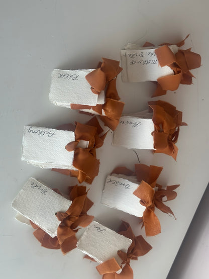 Handmade paper place cards finished with ochre ribbon