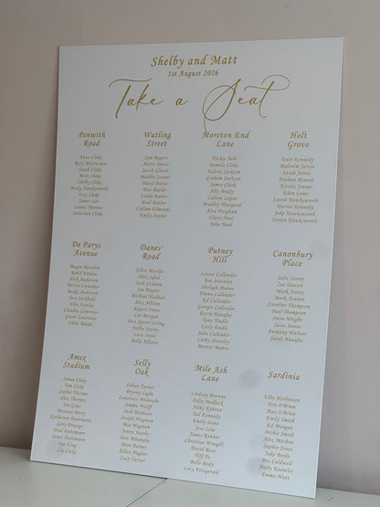 Wedding Table Plan | Printed Seating Chart | A1 A2 A3 Personalised Wedding Seat Sign