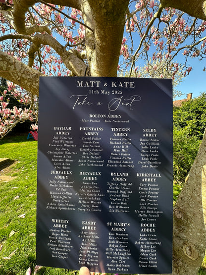 Wedding Table Plan | Printed Seating Chart | A1 A2 A3 Personalised Wedding Seat Sign