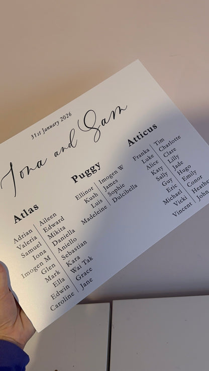 Wedding Table Plan | Printed Banquet Seating Chart | A1 A2 A3 Personalised Wedding Seat Sign