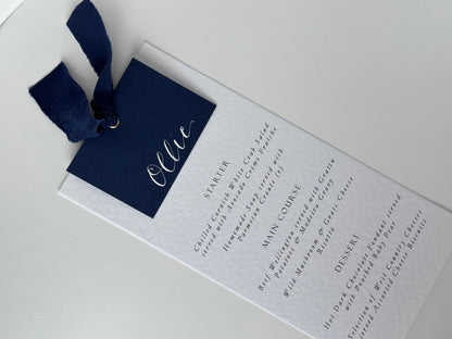 Place Card Wedding Menu with Ribbon | Hammered Skinny Printed Calligraphy Menu