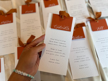 Place Card Wedding Menu with Ribbon | Hammered Skinny Printed Calligraphy Menu