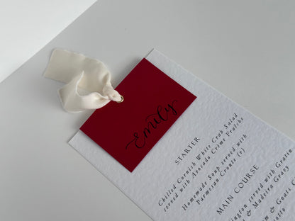 Place Card Wedding Menu with Ribbon | Hammered Skinny Printed Calligraphy Menu