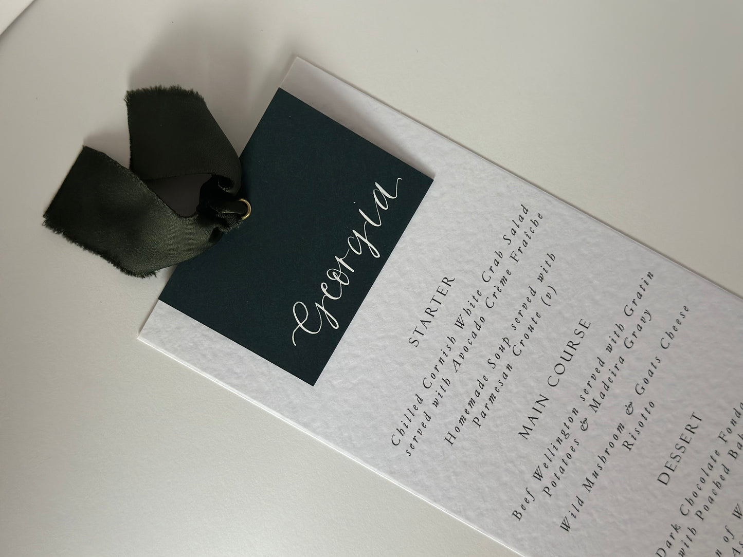 Place Card Wedding Menu with Ribbon | Hammered Skinny Printed Calligraphy Menu