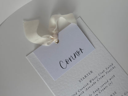Place Card Wedding Menu with Ribbon | Hammered Skinny Printed Calligraphy Menu