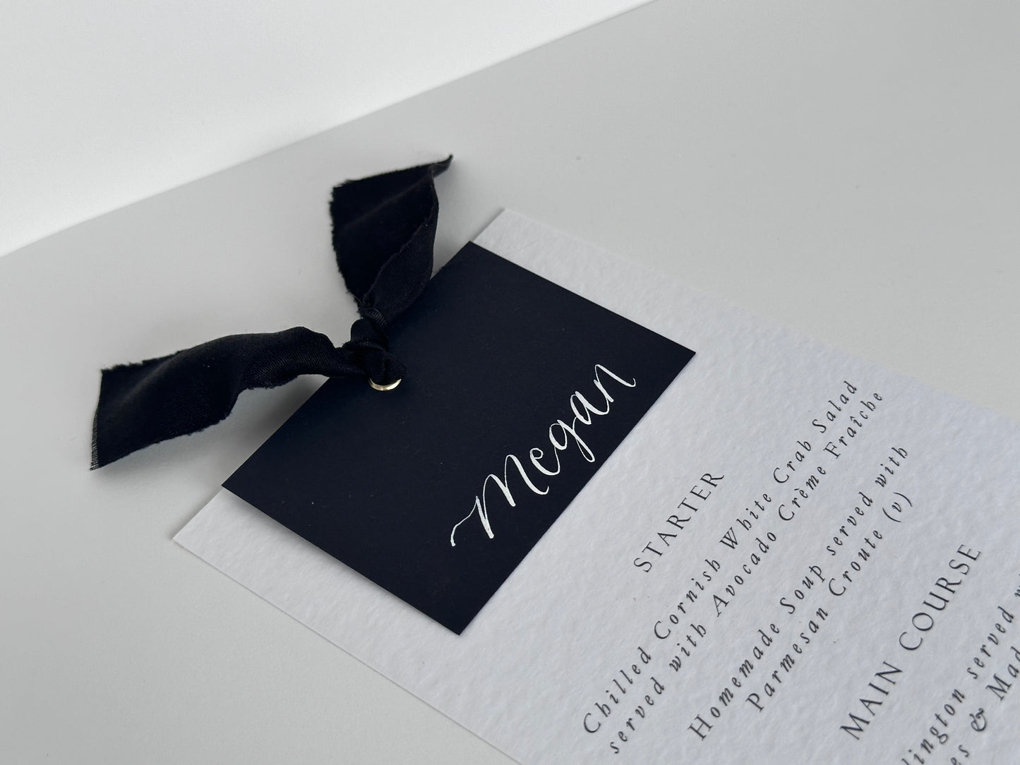 Place Card Wedding Menu with Ribbon | Hammered Skinny Printed Calligraphy Menu