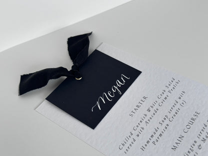 Place Card Wedding Menu with Ribbon | Hammered Skinny Printed Calligraphy Menu