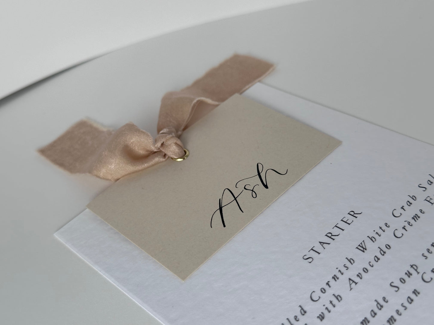 Place Card Wedding Menu with Ribbon | Hammered Skinny Printed Calligraphy Menu