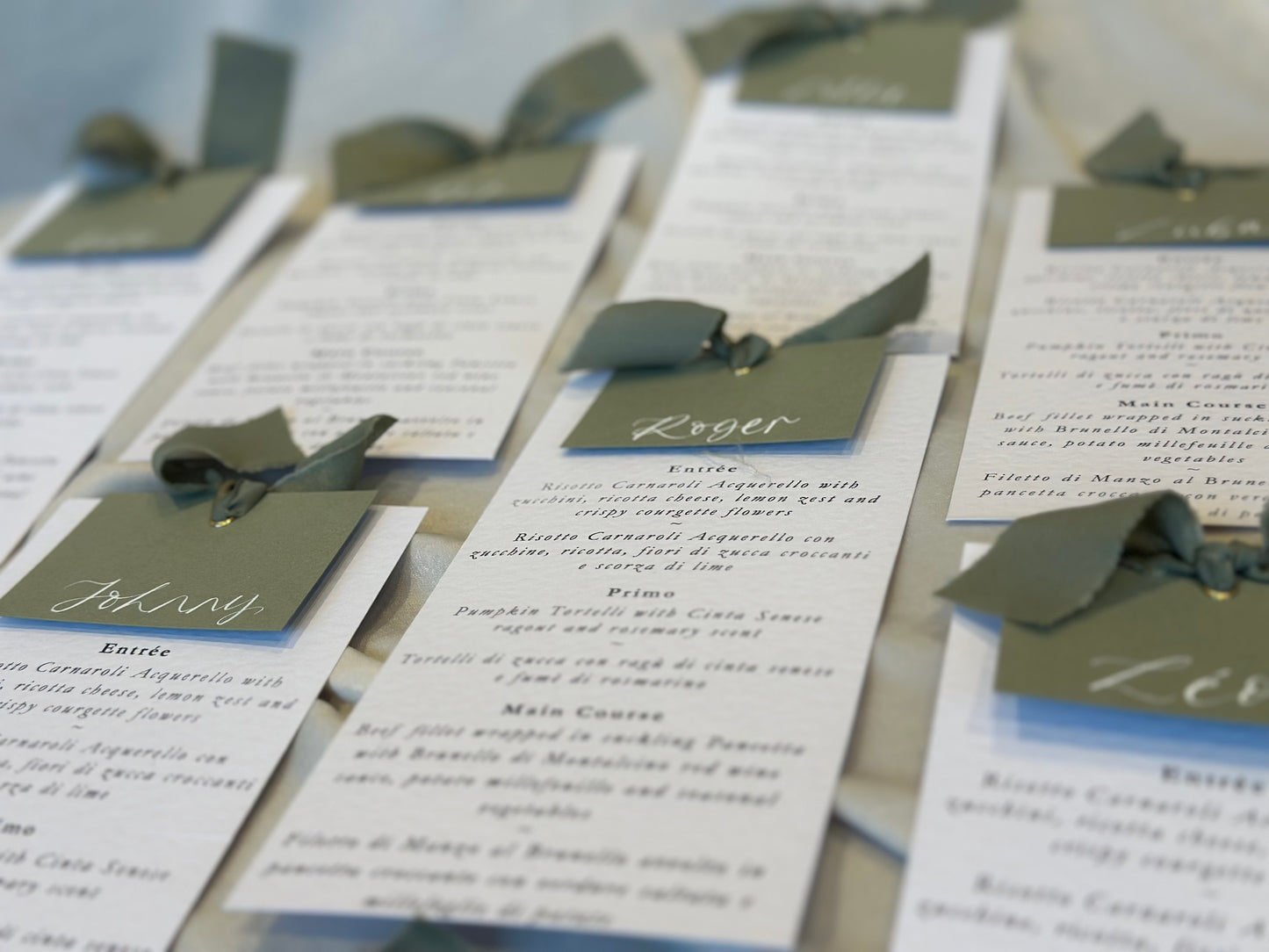 Place Card Wedding Menu with Ribbon | Hammered Skinny Printed Calligraphy Menu