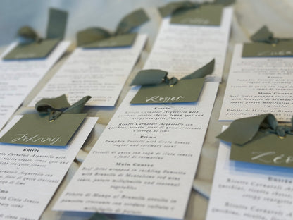 Place Card Wedding Menu with Ribbon | Hammered Skinny Printed Calligraphy Menu