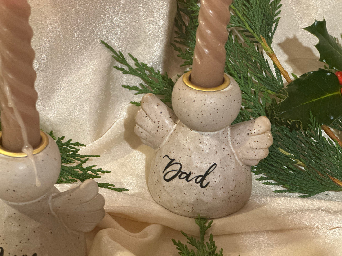 Personalised Angel Candle Stick Holder: Earthware Ceramic Remembrance Angel [Christmas Bereavement Parent Baby Loss]