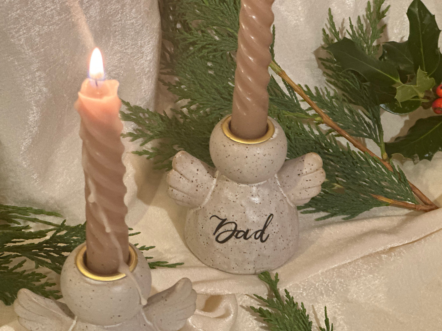 Personalised Angel Candle Stick Holder: Earthware Ceramic Remembrance Angel [Christmas Bereavement Parent Baby Loss]