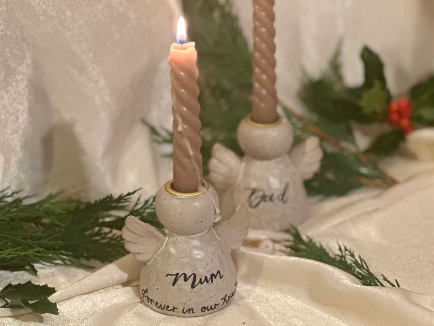 Personalised Angel Candle Stick Holder: Earthware Ceramic Remembrance Angel [Christmas Bereavement Parent Baby Loss]
