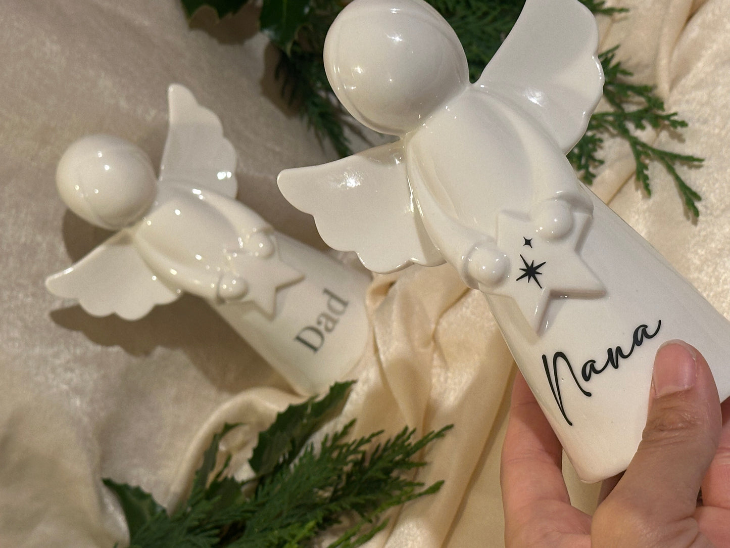 Personalised Angel Memorial Ornament: Freestanding White Glazed Ceramic Remembrance Angel [Christmas Bereavement Parent Baby Loss]