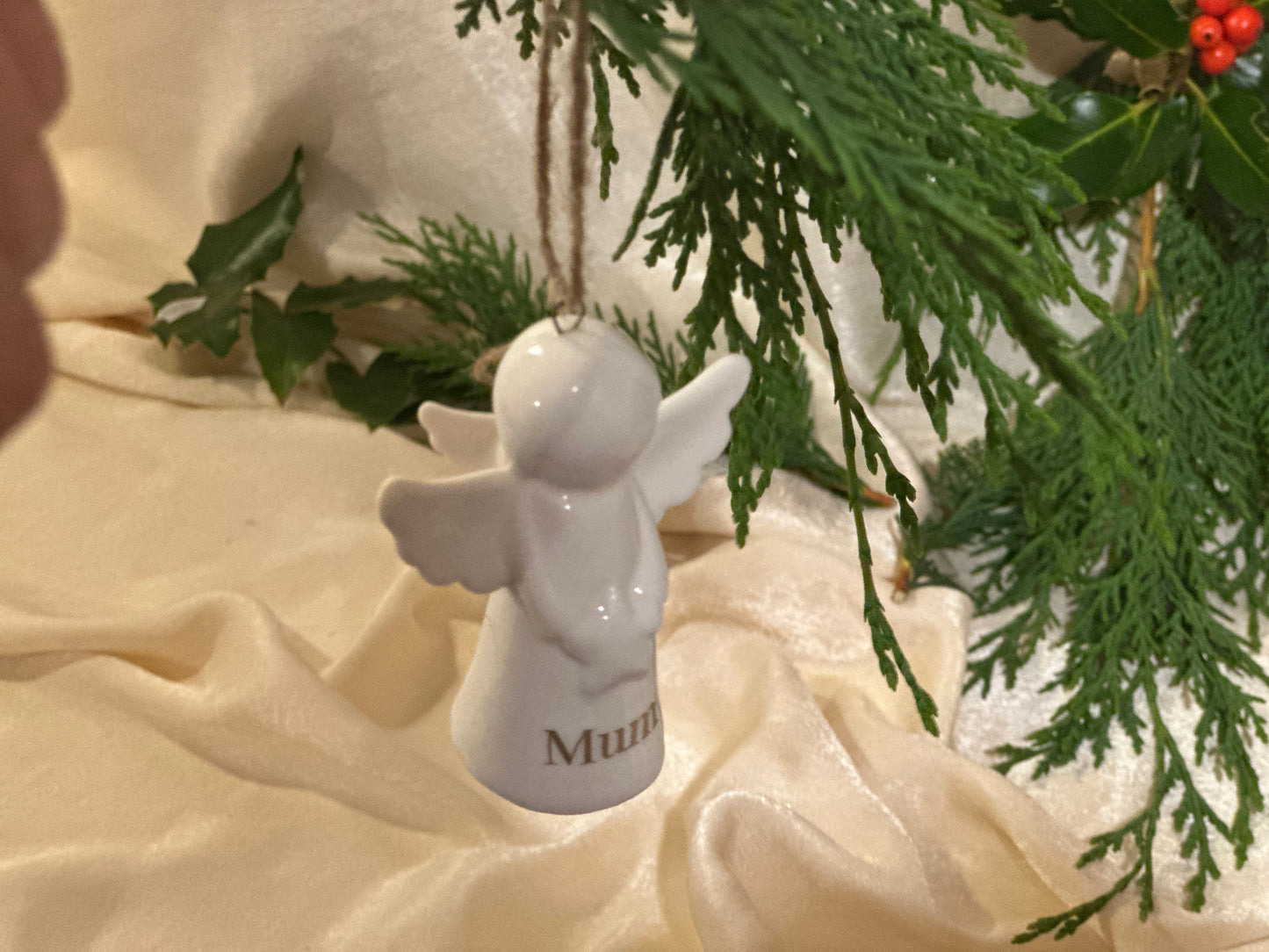 Personalised Angel Tree Decoration: White Glazed Ceramic Remembrance Angel Hanging Ornament [Christmas Bereavement Parent Baby Loss]