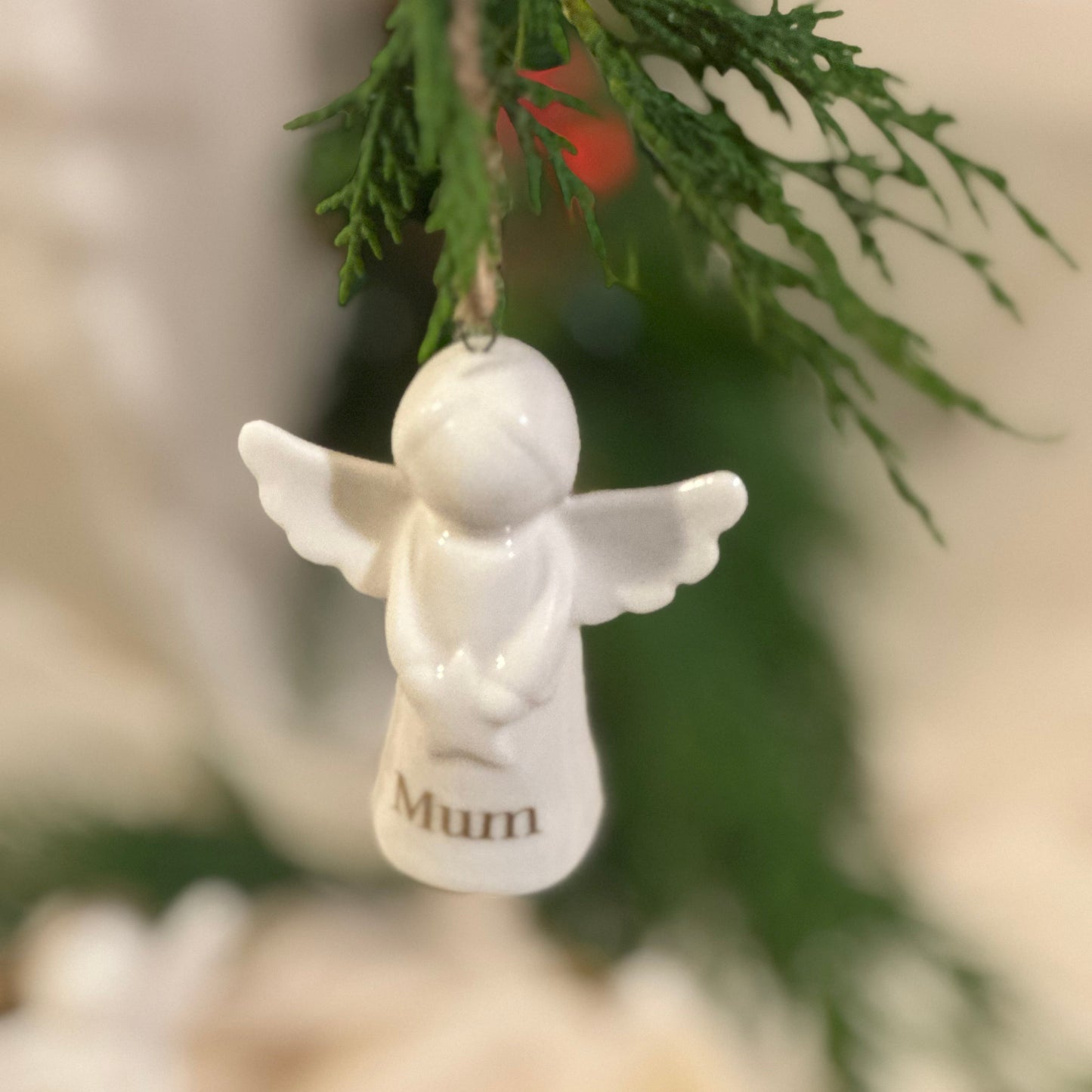 Personalised Angel Tree Decoration: White Glazed Ceramic Remembrance Angel Hanging Ornament [Christmas Bereavement Parent Baby Loss]