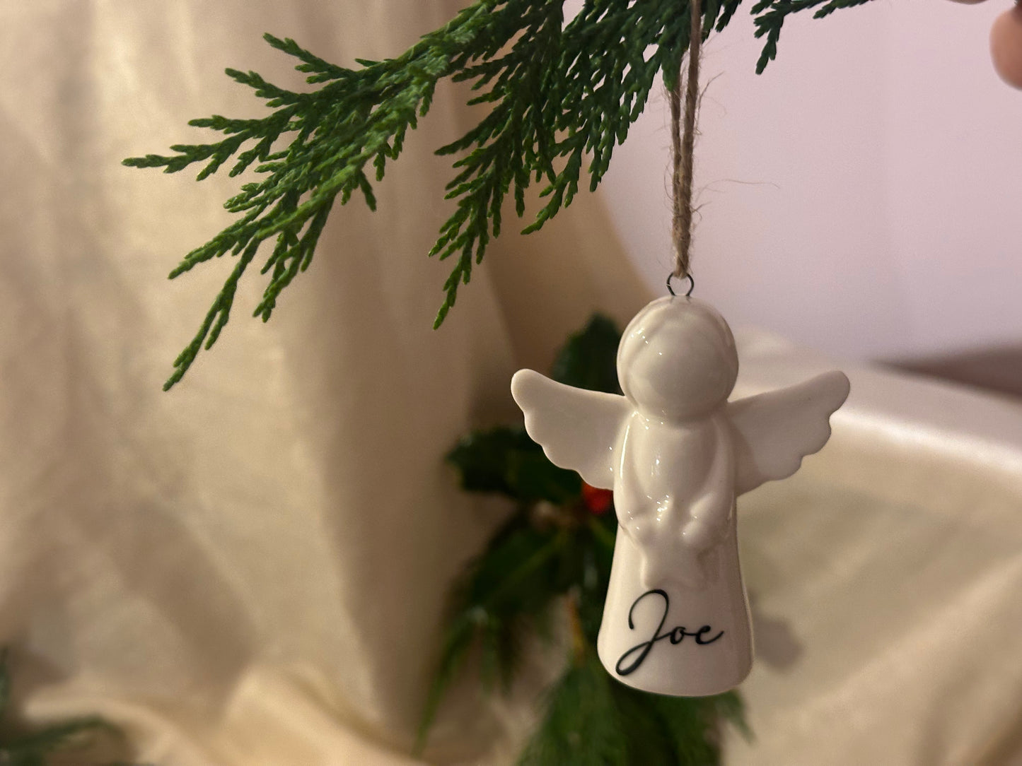 Personalised Angel Tree Decoration: White Glazed Ceramic Remembrance Angel Hanging Ornament [Christmas Bereavement Parent Baby Loss]