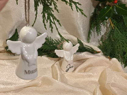 Personalised Angel Tree Decoration: White Glazed Ceramic Remembrance Angel Hanging Ornament [Christmas Bereavement Parent Baby Loss]