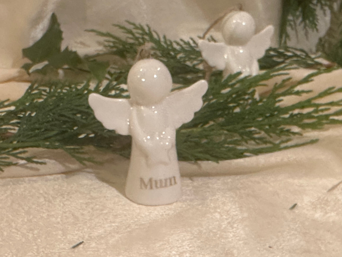 Personalised Angel Tree Decoration: White Glazed Ceramic Remembrance Angel Hanging Ornament [Christmas Bereavement Parent Baby Loss]