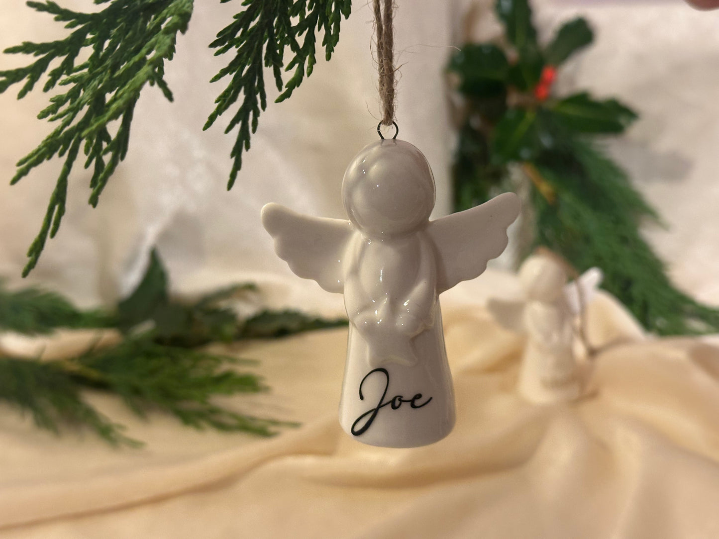Personalised Angel Tree Decoration: White Glazed Ceramic Remembrance Angel Hanging Ornament [Christmas Bereavement Parent Baby Loss]