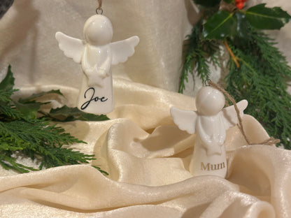 Personalised Angel Tree Decoration: White Glazed Ceramic Remembrance Angel Hanging Ornament [Christmas Bereavement Parent Baby Loss]