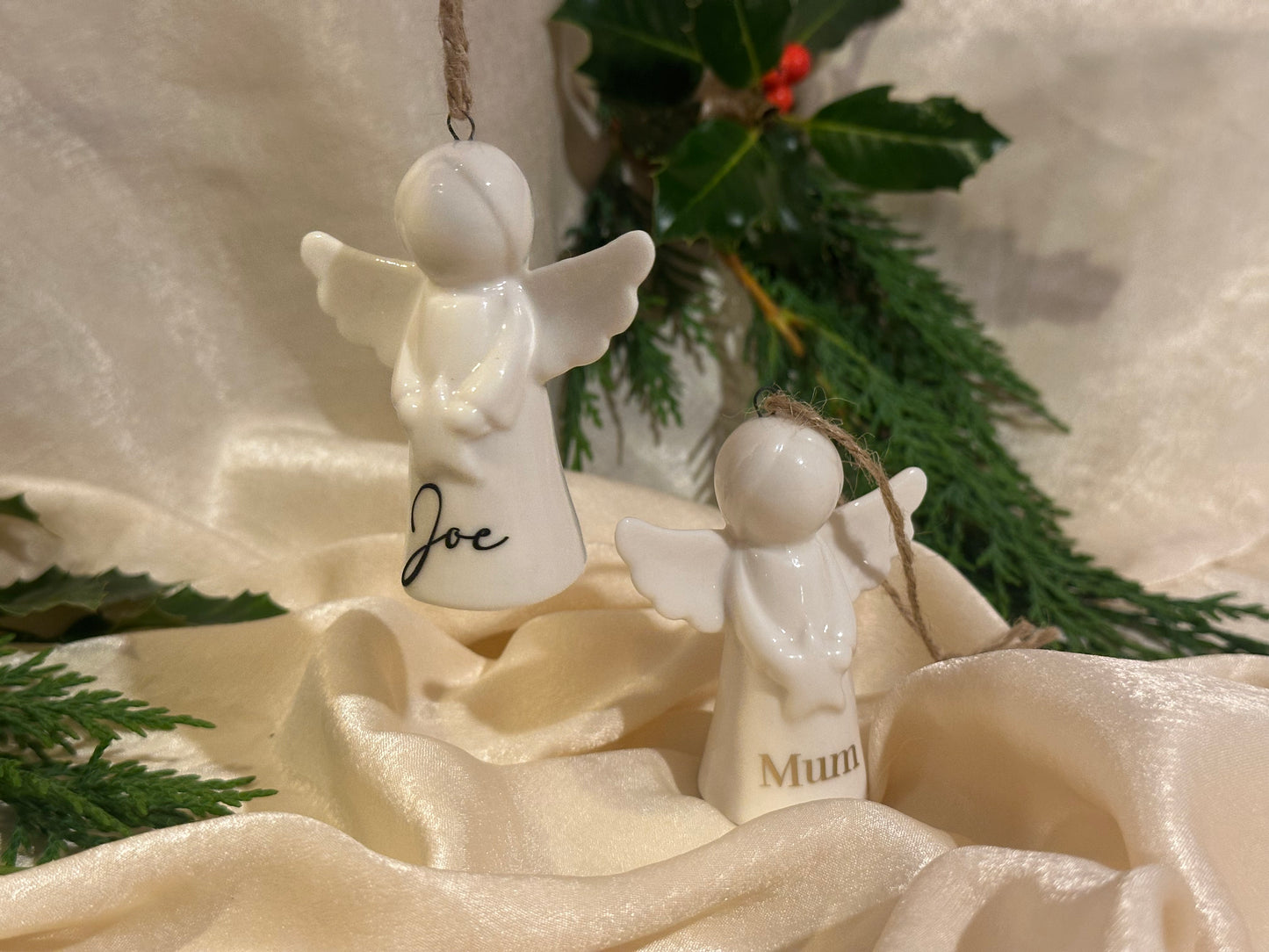 Personalised Angel Tree Decoration: White Glazed Ceramic Remembrance Angel Hanging Ornament [Christmas Bereavement Parent Baby Loss]