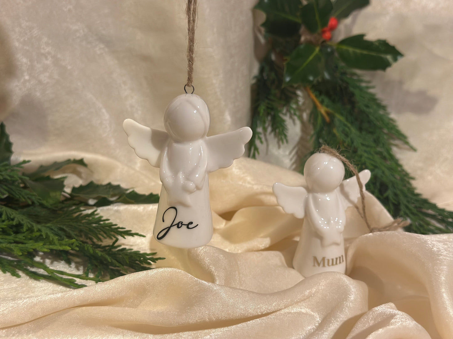 Personalised Angel Tree Decoration: White Glazed Ceramic Remembrance Angel Hanging Ornament [Christmas Bereavement Parent Baby Loss]