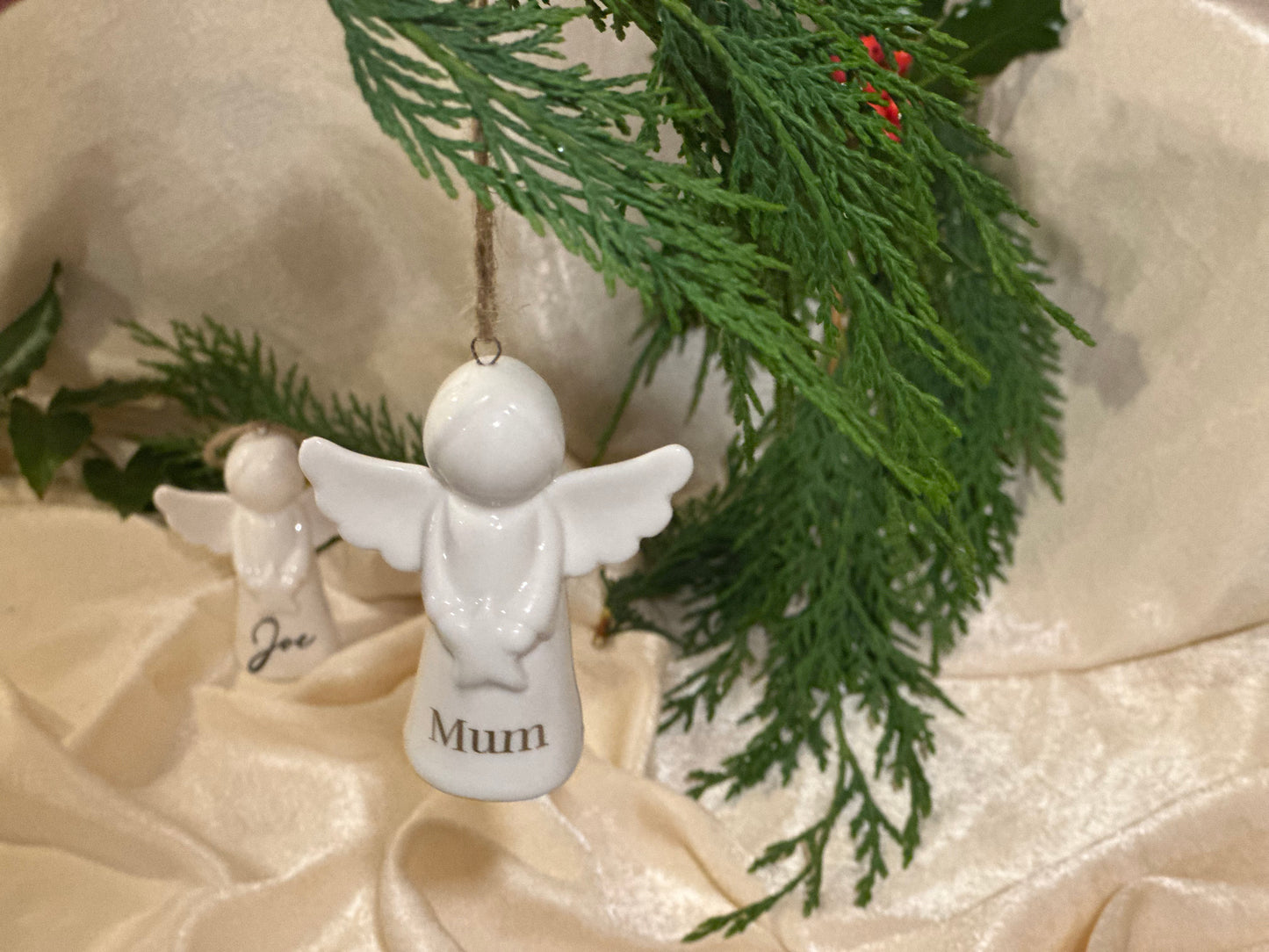 Personalised Angel Tree Decoration: White Glazed Ceramic Remembrance Angel Hanging Ornament [Christmas Bereavement Parent Baby Loss]