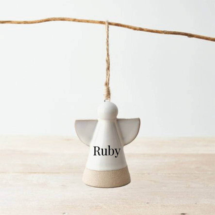 Personalised Angel Tree Decoration: White Glazed Ceramic Remembrance Angel Hanging Ornament [Christmas Bereavement Parent Baby Loss]