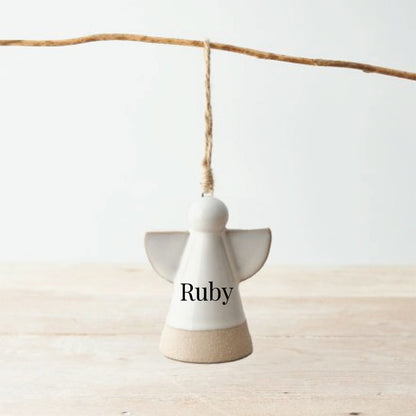 Personalised Angel Tree Decoration: White Glazed Ceramic Remembrance Angel Hanging Ornament [Christmas Bereavement Parent Baby Loss]