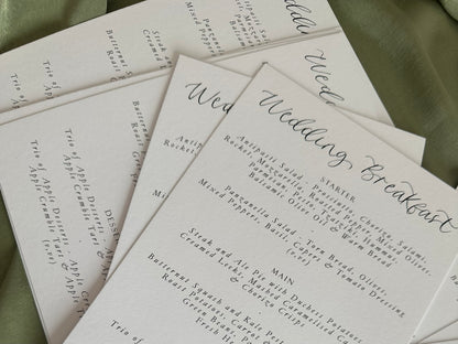 WHITE Calligraphy Title Printed Menu | Custom Printed Calligraphy Wedding Menu Card | A5 Menu Sign