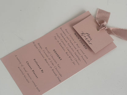 Place Card Wedding Menu with Ribbon | Skinny Printed Calligraphy Menu