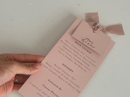 Place Card Wedding Menu with Ribbon | Skinny Printed Calligraphy Menu