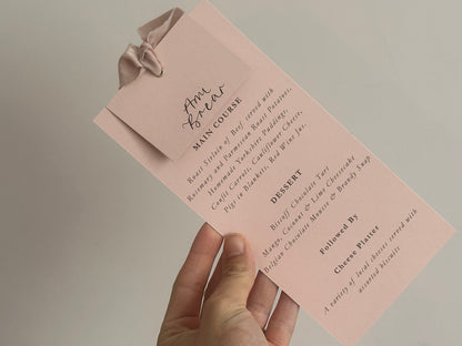 Place Card Wedding Menu with Ribbon | Skinny Printed Calligraphy Menu