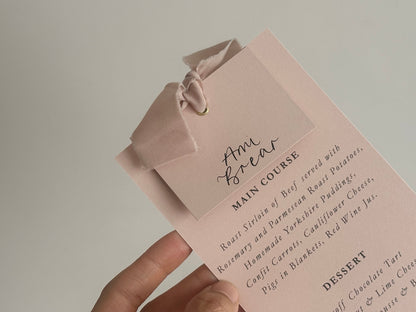 Place Card Wedding Menu with Ribbon | Skinny Printed Calligraphy Menu