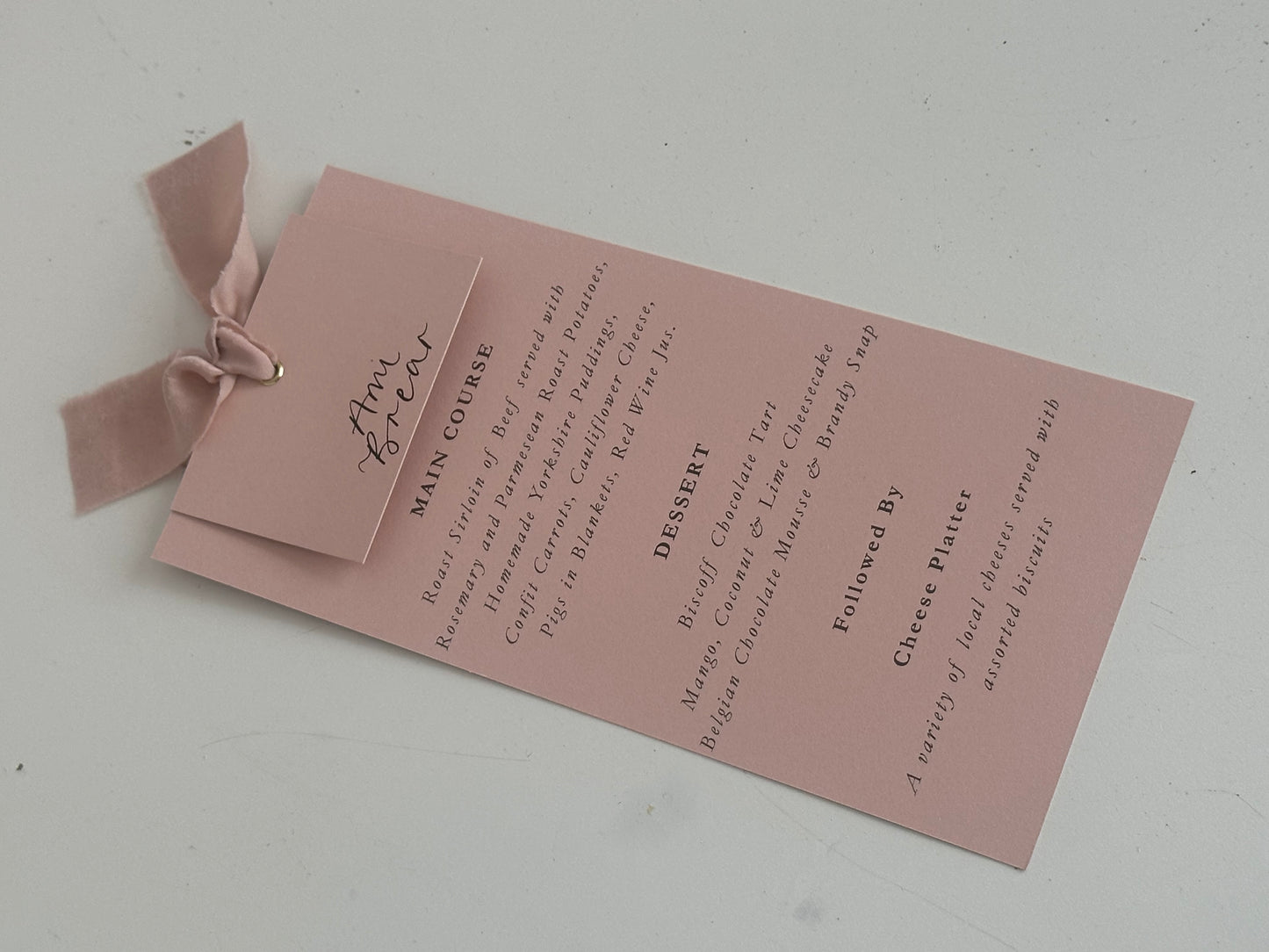 Place Card Wedding Menu with Ribbon | Skinny Printed Calligraphy Menu