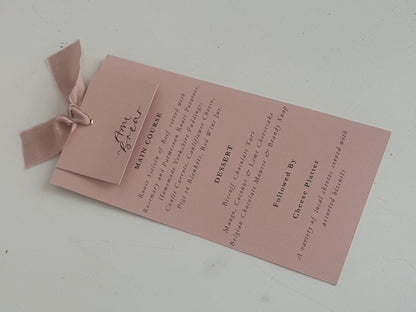 Place Card Wedding Menu with Ribbon | Skinny Printed Calligraphy Menu