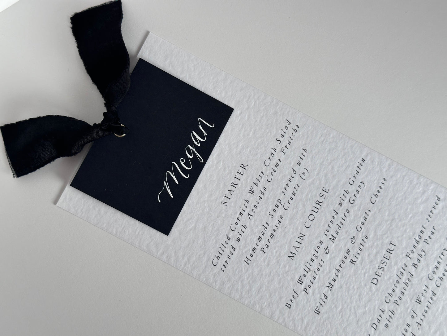 BLACK Chiffon Place Card Printed Calligraphy Ribbon Menu | Custom Printed Calligraphy Wedding Menu Card | Gold or Silver Eyelet Menu