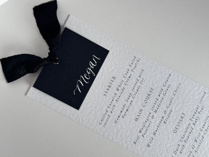 BLACK Chiffon Place Card Printed Calligraphy Ribbon Menu | Custom Printed Calligraphy Wedding Menu Card | Gold or Silver Eyelet Menu