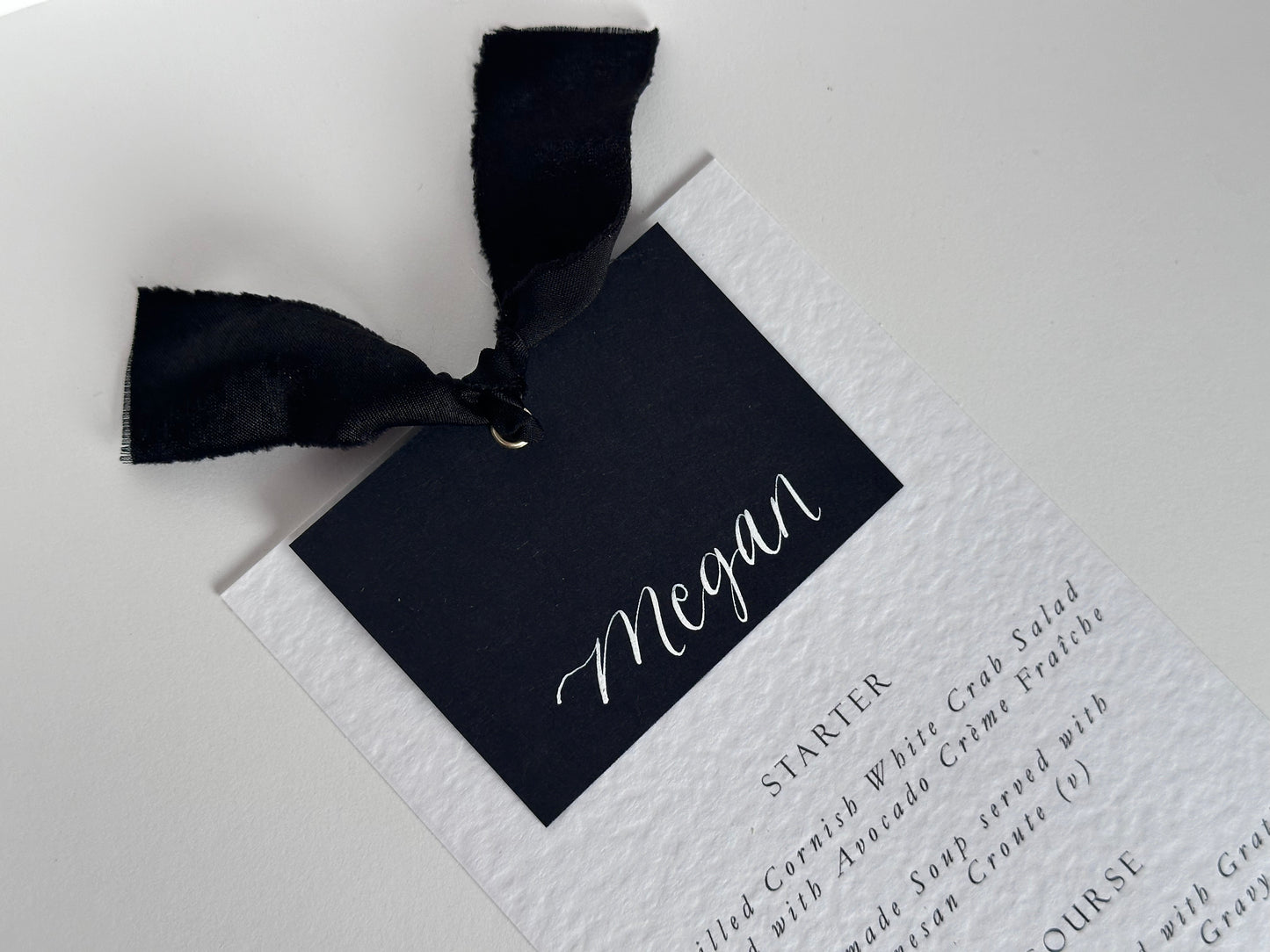 BLACK Chiffon Place Card Printed Calligraphy Ribbon Menu | Custom Printed Calligraphy Wedding Menu Card | Gold or Silver Eyelet Menu