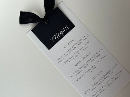 BLACK Chiffon Place Card Printed Calligraphy Ribbon Menu | Custom Printed Calligraphy Wedding Menu Card | Gold or Silver Eyelet Menu