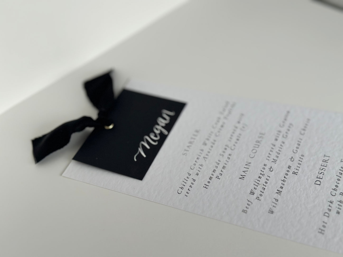 BLACK Chiffon Place Card Printed Calligraphy Ribbon Menu | Custom Printed Calligraphy Wedding Menu Card | Gold or Silver Eyelet Menu