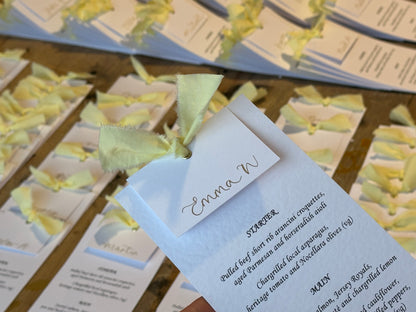 Place Card Wedding Menu with Ribbon | Skinny Printed Calligraphy Menu