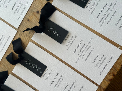 Place Card Wedding Menu with Ribbon | Skinny Printed Calligraphy Menu: Mini Place Card